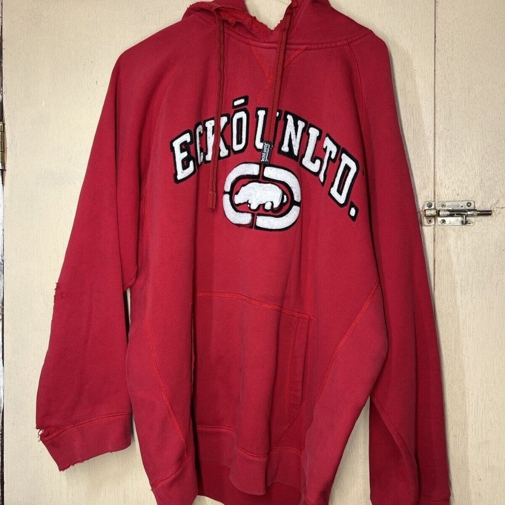 Vintage Y2k Ecko Unltd Rhino Hoodie Sweatshirt L Red Fleece Heavyweight Thick